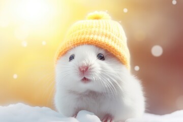 Obraz premium Cute funny white hamster dressed in yellow knitted hat sitting on snow on blurred winter background. Domestic mouse. Warm and cozy winter concept