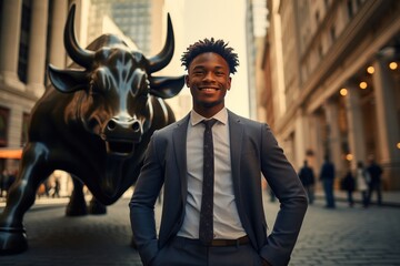 a young wall stock trader standing in front of wall street bull sunny day.