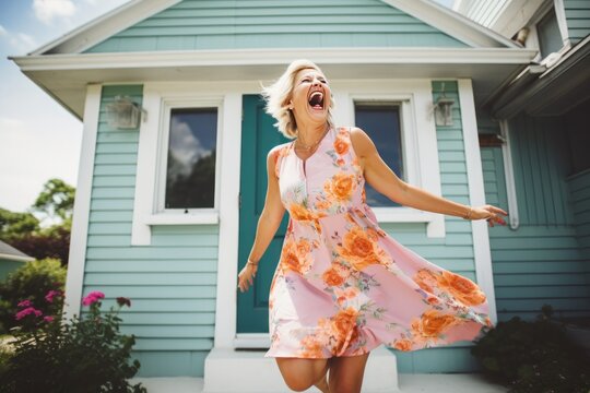 mid-age woman laughing and holdeing keys to her new house. The image captures the essence of summer fun, wearing a colorful dress. lifestyle, and urban exploration, 