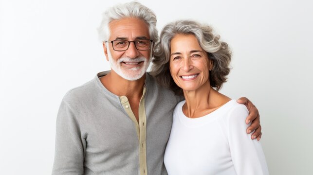 a smiling senior family couple enjoying life after retirement in the bright white background