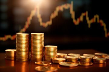 Stacks of golden coins with a bar chart in the background, symbolizing the concept of stock exchange and financial analysis.