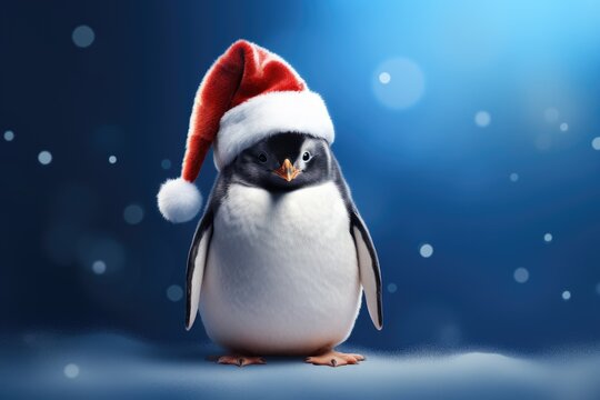 Cute little penguin in red hat on blurred blue background with snow. Christmas cute cartoon character. Winter holidays concept. Christmas and New Year greeting card or banner with copy space