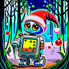 A robot in the woods with a christmas hat