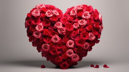Heart-shaped arrangement of red roses on neutral background. Romance and Valentine's Day.