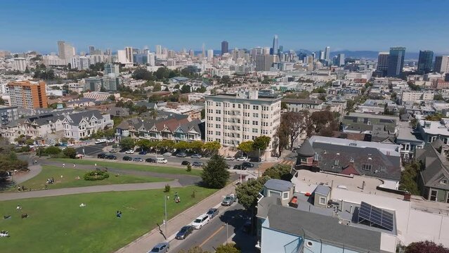 Painted Ladies Victorian houses in Alamo Square. San Francisco, California cityscape at Alamo Square. It is the row of Victorian houses at Steiner.