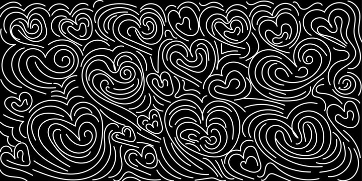 Abstract monochrome hand-drawn doodle white design with chaotic hearts on black background. Bright black and white vector illustration for cards, business, banners, textile. Editable stroke. 