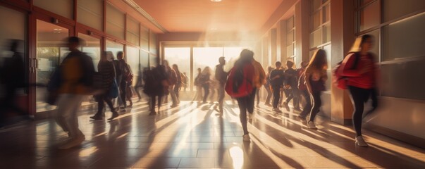 Crowd of high school students walking through a school hallway, motion blur