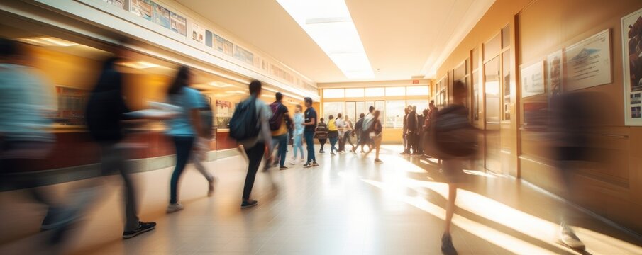Crowd of high school students walking through a school hallway, motion blur