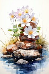 Light colors watercolor illustration of  flowers, white background , generated with AI