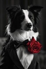 Black and white, portrait of a border collie with dark suit with a red rose, generated with AI