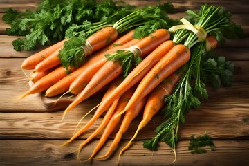 Bunch of fresh juicy carrots with greens is tied with yellow ribbon on light wooden background