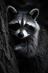 Black and white image of a curious raccoon, dark background , generated with AI