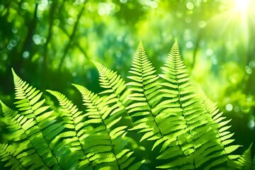 Beautiful natural background border with fresh juicy light green foliage of fern in sunlight in spring summer and defocused bokeh outdoors in nature, panorama, copy space - obrazy, fototapety, plakaty
