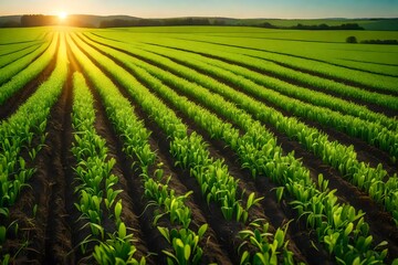 Young green shoots of cereal at sunset. Beautiful spring landscape, agricultural field panoramic view. Cereal sprouts in nature - obrazy, fototapety, plakaty