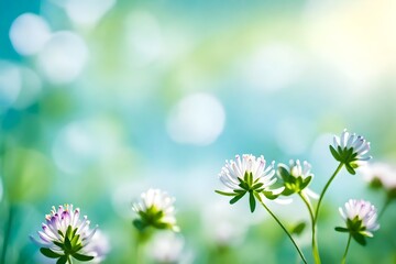 Spring wild meadow clover flowers, macro, soft focus. Blurred gentle blue background sky with...