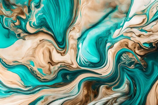 Very beautiful abstract ART background - random free mixing of paints in technique of liquid acrylic. Artistic image of swirl veins marble texture in turquoise beige tones-