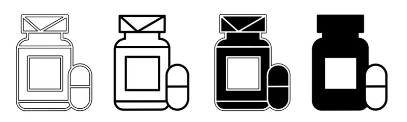Black and white illustration of a capsule bottle. Capsule bottle icon collection with line. Stock vector illustration. - obrazy, fototapety, plakaty
