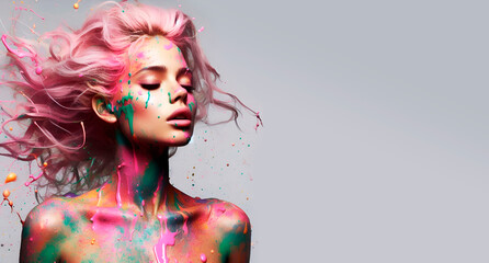 Beautiful girl with pink hair and colorful paint splashes on her face
