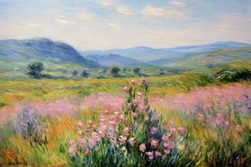 Obraz premium Sunset over a flower field, oil painting, generated with AI