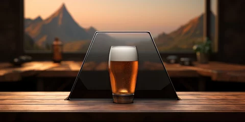 Foto op Canvas Beer in glass and free space for your bottle on a wooden bar table and sunshine with mountains background. © NorLife