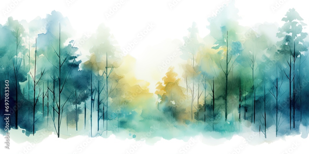 Wall mural Watercolor painting of winter forest. Spring or summer  foggy deciduous forest illustration for Christmas design. Misty abstract background, holiday frame or border