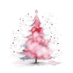 Watercolor pink Christmas tree isolated on white background. Cute cartoon illustration. Fir or pine tree for design greeting card, poster, print, banner with copy space