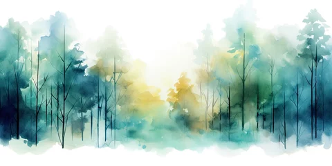 Rolgordijnen Watercolor painting of winter forest. Spring or summer  foggy deciduous forest illustration for Christmas design. Misty abstract background, holiday frame or border © ratatosk