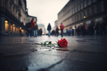 Rote Rose auf dem Boden einer Fussgängerzone in der Stadt. Querformat. Generative Ai. - obrazy, fototapety, plakaty