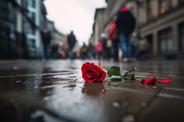 Rote Rose auf dem Boden einer Fussgängerzone in der Stadt. Querformat. Generative Ai. - obrazy, fototapety, plakaty