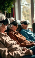 Fototapeta premium Immersive Elderly Care: Seniors Embrace Futuristic VR Experience in a Nursing Home Setting. Generative AI