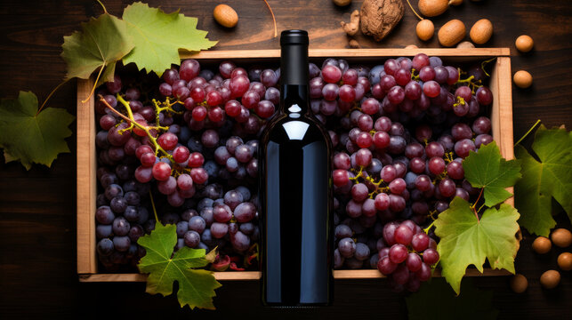 A red wine bottle and fresh grapes, presented in a rustic wooden box. Flat lay with copy space.