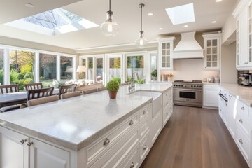 A luxurious kitchen in an elegant home, filled with light.