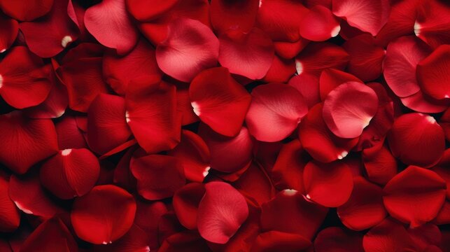 Red rose petals background for romantic events. Valentine's Day and floral design.