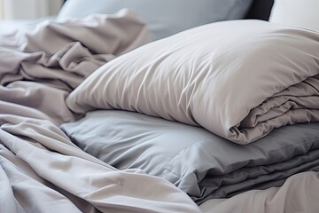 Housekeeping concept: Close-up photo of a large stack of gray bedding and white cushions.