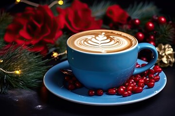 Delightful cappuccino in a blue cup with gifts, ornaments, fireflies, and spruce.