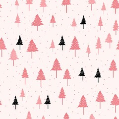 Fir trees silhouettes, minimal winter seamless pattern on light pink background. Coniferous forest. Christmas and New Year concept. Design for textile, fabric, print, wrapping, wallpaper