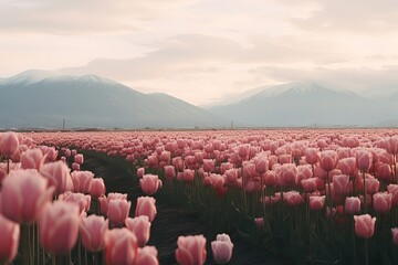 Tulip fields.Pink, yellow, red tulips in the spring