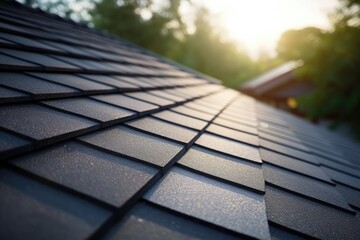 Top of the house covered with dark asphalt roof tiles. - obrazy, fototapety, plakaty