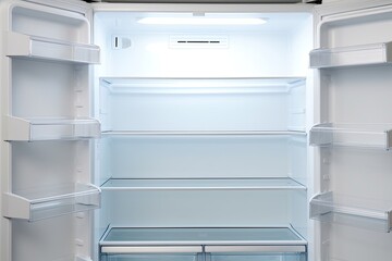 Unused fridge with shelves and area for text.