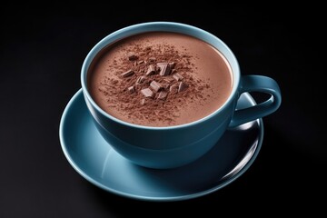 Bluish ceramic cup holds cocoa, isolated on white.