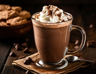 Hot chocolate with whipped cream and truffles on a vintage table. Copy space.