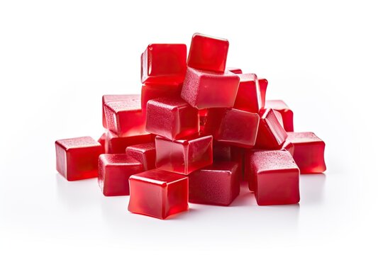 Red jelly cubes on white background in a pile.