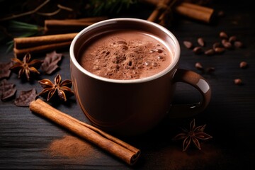 Hot cocoa with cinnamon sticks on wooden background.