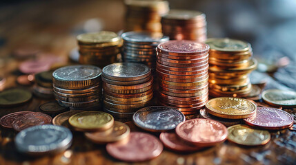 An Array of Shimmering Coins, From Coppers to Silvers, Meticulously Stacked in Rising Columns and Casually Scattered, Reflecting Light Upon the Grain of a Sturdy Wooden Table