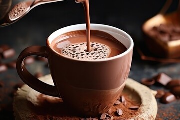 Closeup of pouring delicious hot chocolate into a mug on a table.
