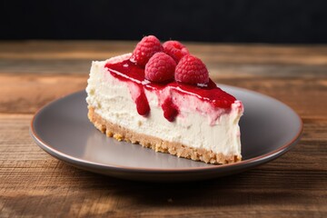 Top-down view of raspberry cheesecake on a rustic gray wood plate