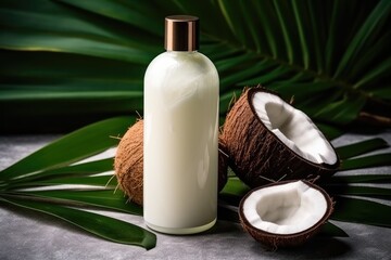 Obraz na płótnie Canvas Coconut hair care, homemade cosmetics, natural mask, coconut oil, scrub, spa, wellness, homemade beauty, healthy living.