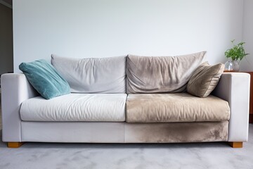Before and after dry-cleaning, sofa in room. - obrazy, fototapety, plakaty