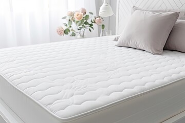 Close-up of a room's bed with a soft orthopedic mattress. - obrazy, fototapety, plakaty
