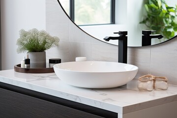 Modern bathroom with an elegant sink on a bright countertop. - obrazy, fototapety, plakaty